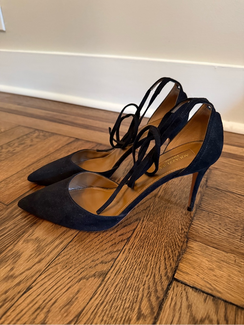 Aquazzura Black Suede Pointed-Toe d’Orsay Stiletto Heels with Ankle Tie